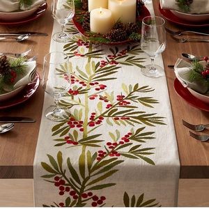Crate & Barrel holiday embroidered table runner, 90”, like new